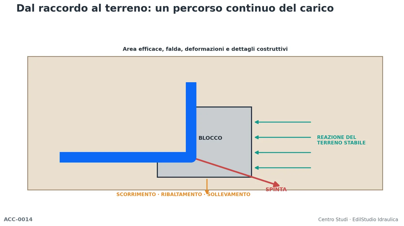Pianta di una curva con blocco di ancoraggio, risultante idraulica, area di contrasto e reazione del terreno.
