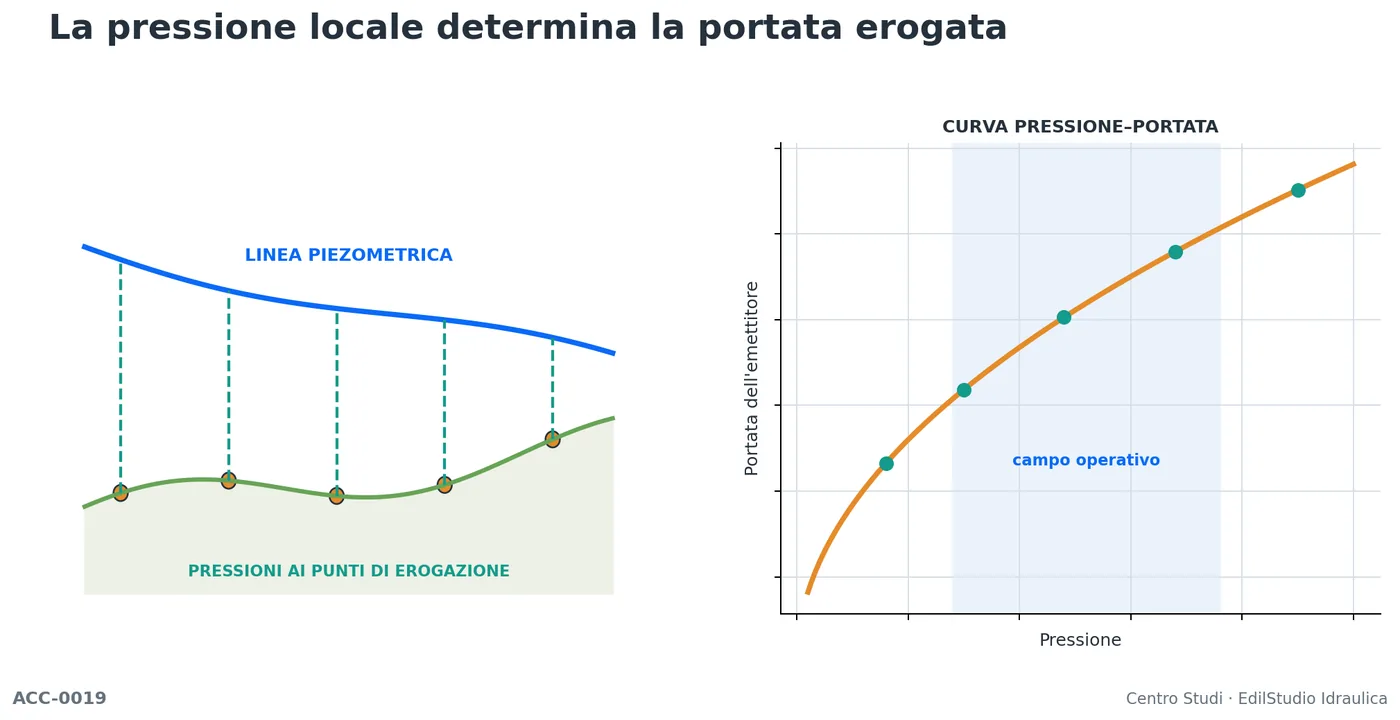 Profilo di una rete irrigua con linea piezometrica, pressioni agli emettitori e confronto delle portate erogate.