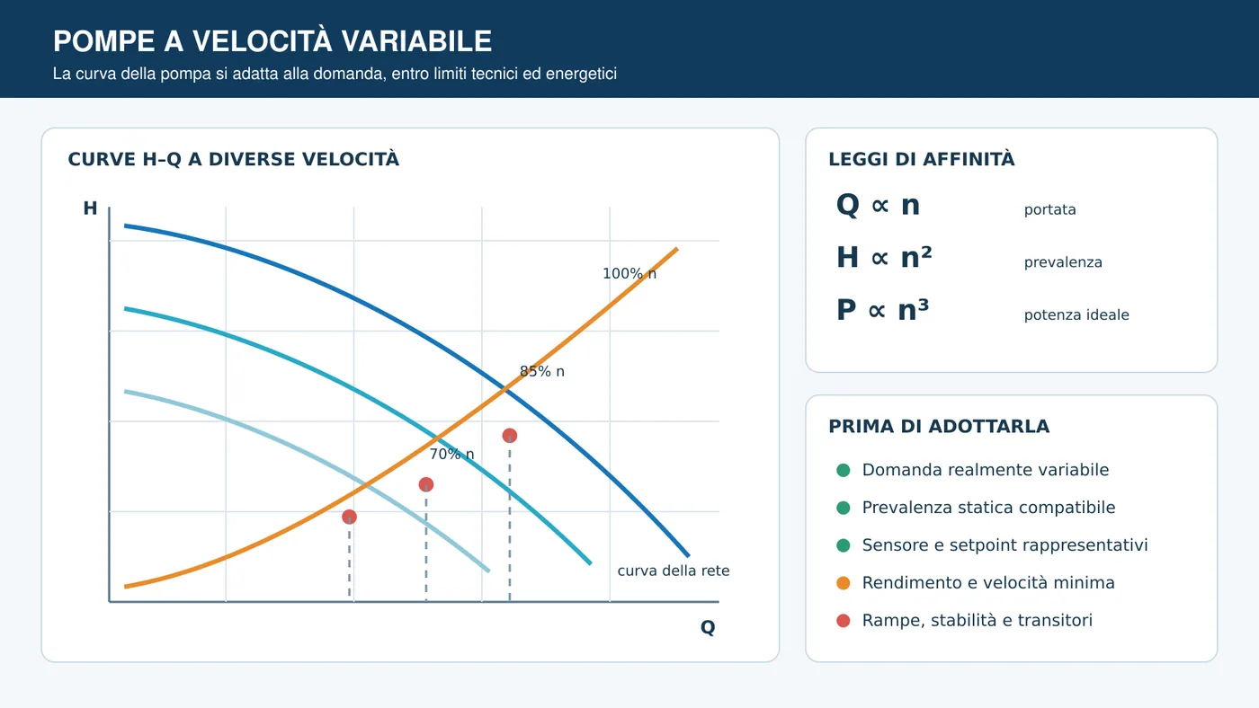 Grafico delle curve prevalenza-portata di una pompa a velocità variabile con punti di lavoro e controllo della pressione.
