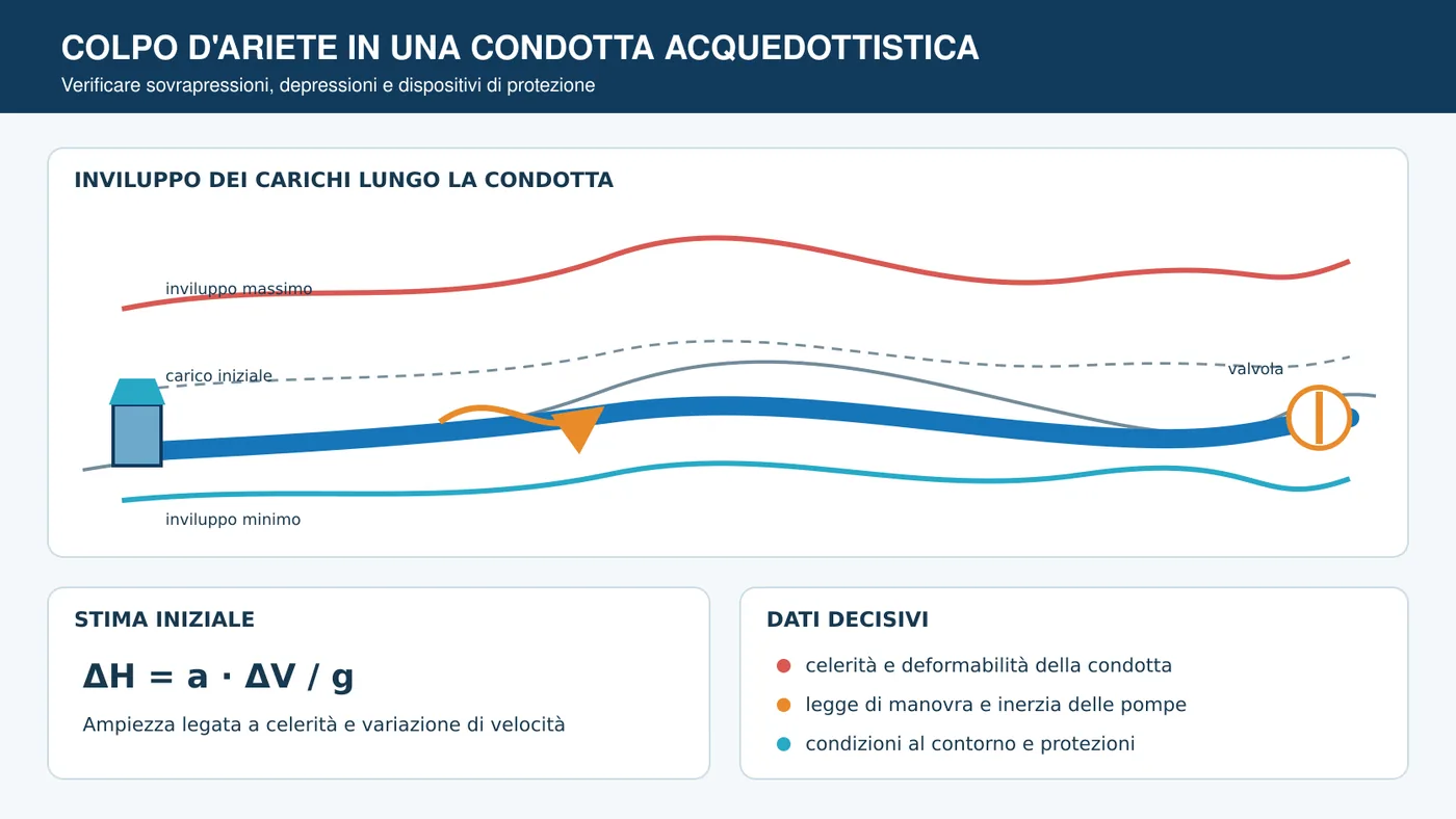 Profilo di una condotta acquedottistica con onda di pressione e inviluppi del colpo d'ariete.