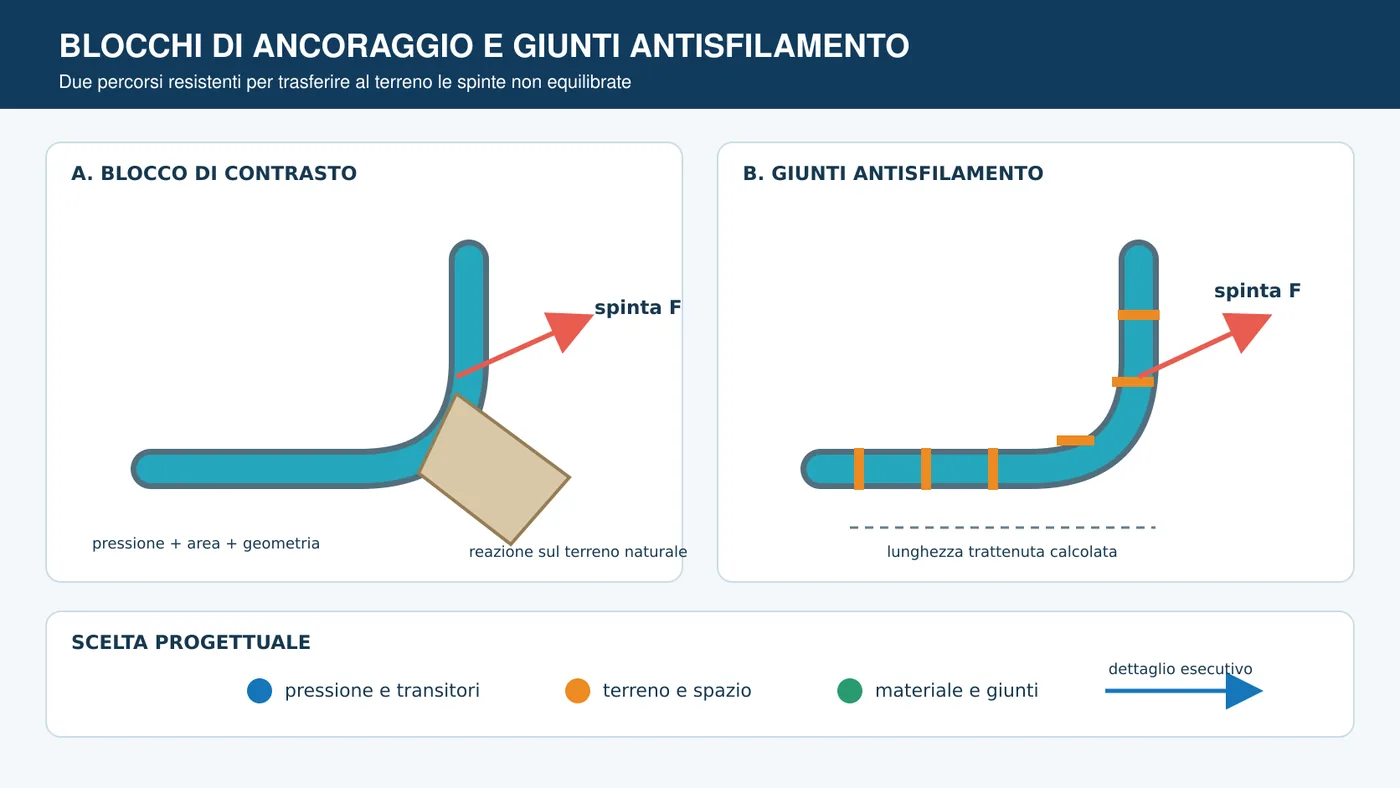 Curva di una condotta con spinta idraulica contrastata da un blocco o da una lunghezza di tubazione trattenuta.