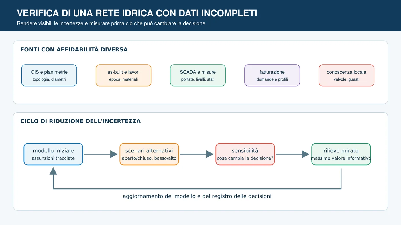 Diagramma del processo di verifica di una rete idrica con dati mancanti e livelli di affidabilità.