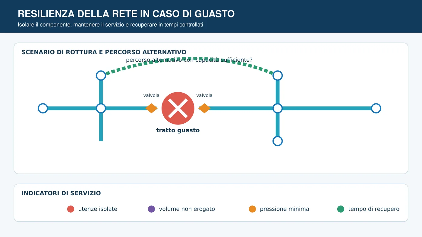 Rete acquedottistica con tratto guasto, valvole chiuse, percorso alternativo e nodi serviti o in deficit.