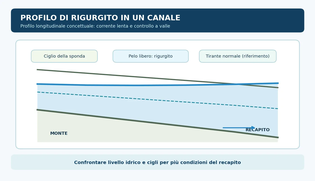 Profilo longitudinale con fondo discendente verso valle, linea idrica normale e profilo di rigurgito più alto presso il recapito.