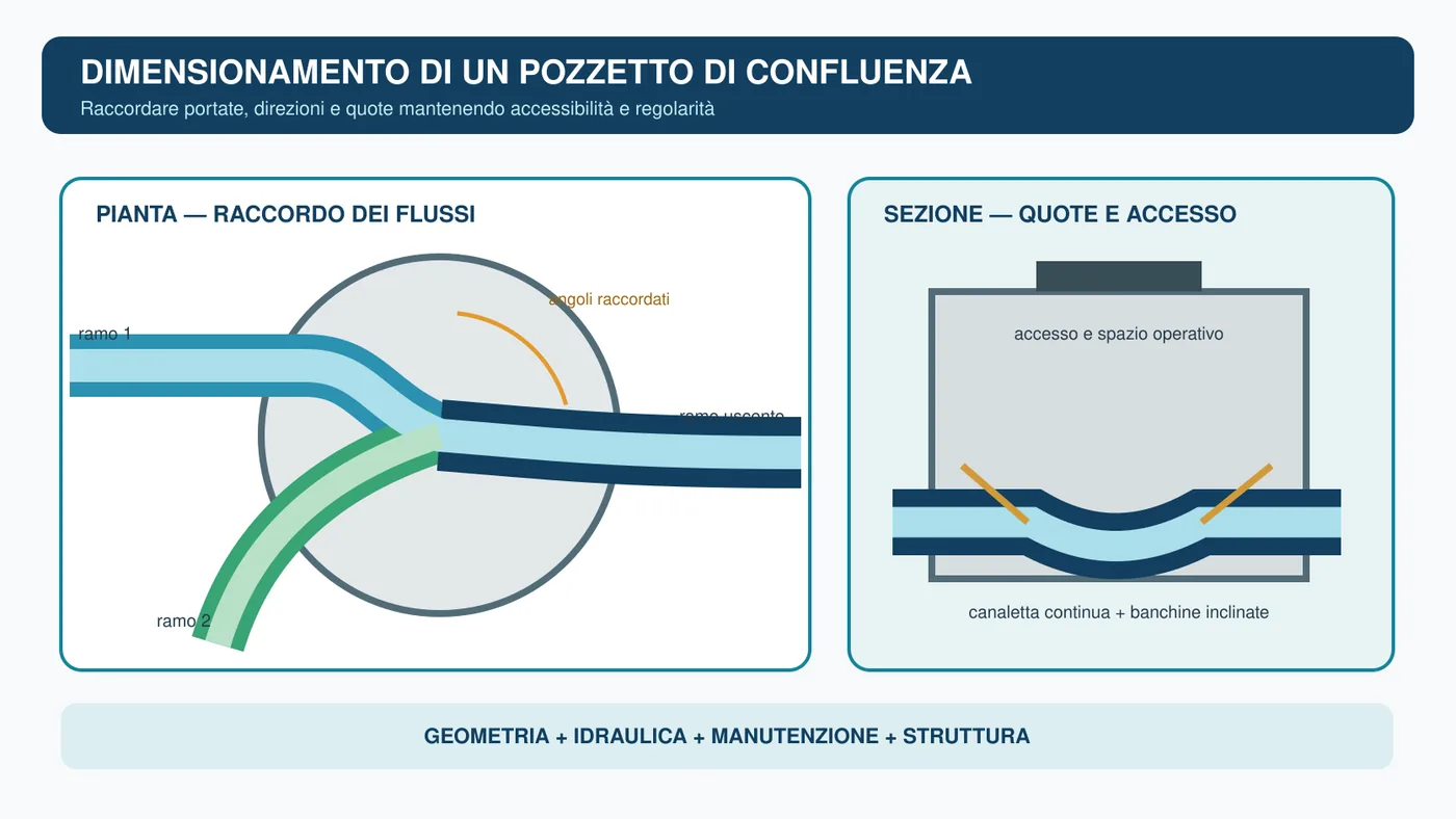 Pianta e sezione di un pozzetto fognario di confluenza con canalette, banchine e quote di scorrimento.