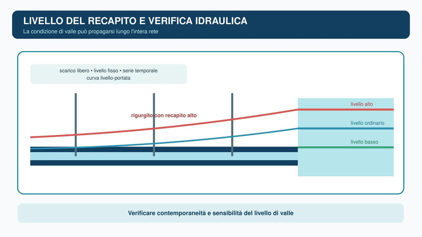 Condotta fognaria che scarica in un corpo idrico con livelli ordinario, alto e variabile nel tempo.