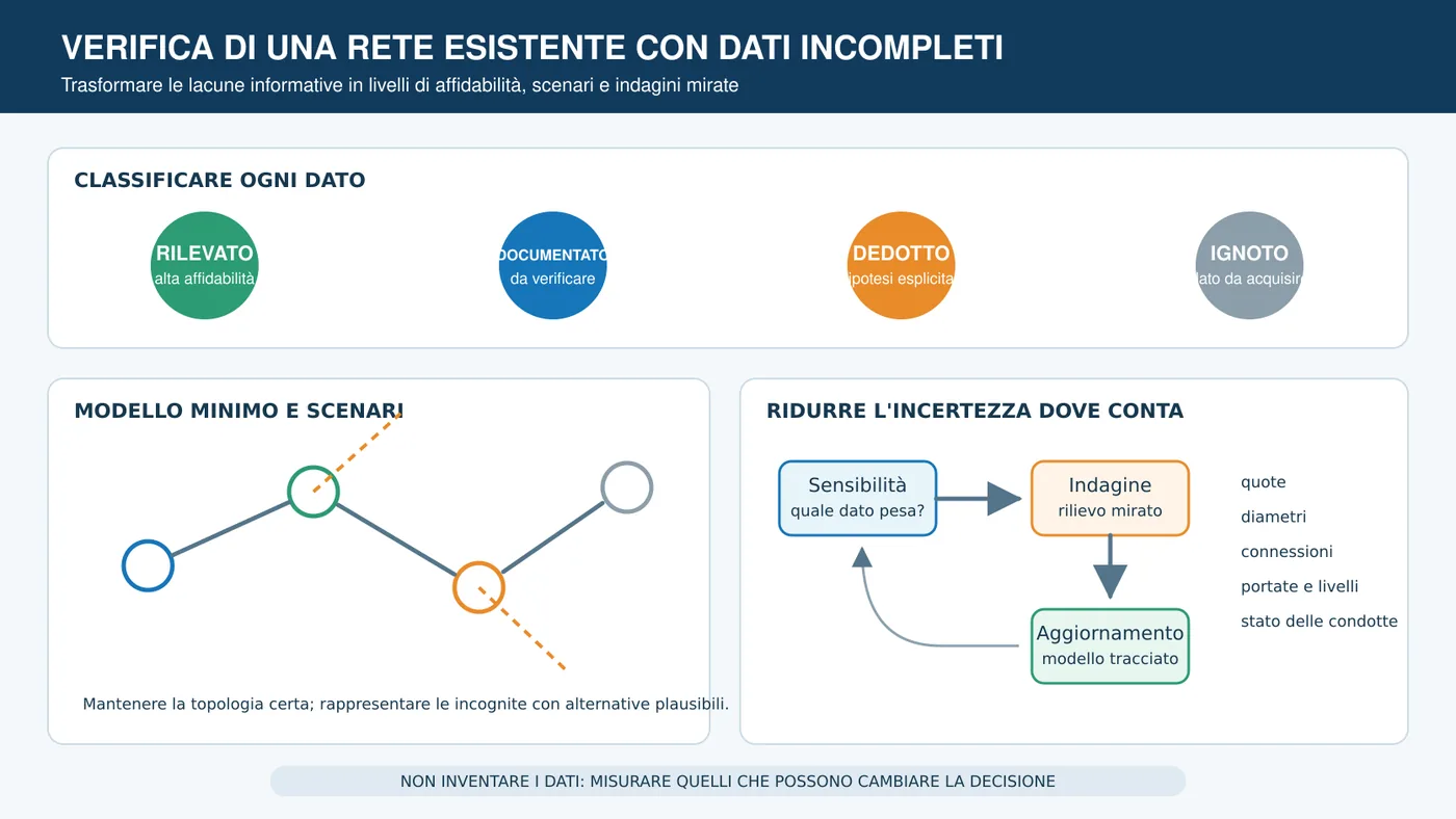 Schema di verifica di una rete fognaria esistente con dati rilevati, documentati, dedotti e mancanti.