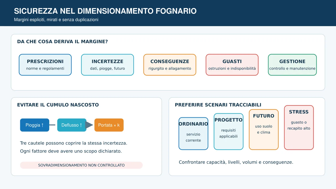 Schema dei fattori che determinano i coefficienti e i margini di sicurezza nel dimensionamento fognario.