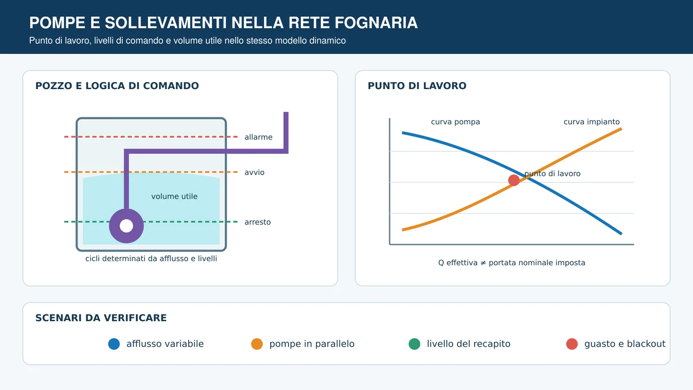 Pozzo fognario con pompe e grafico delle curve pompa e impianto.